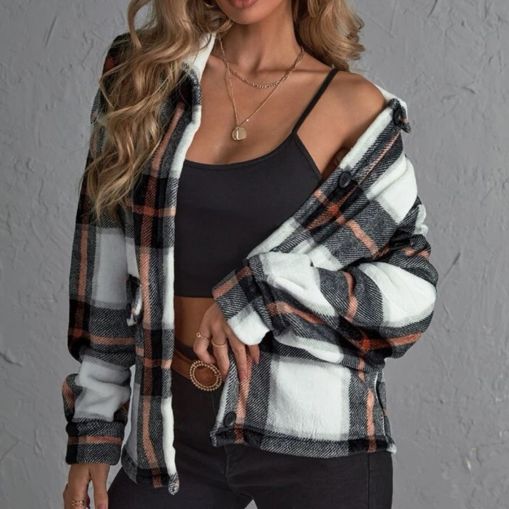 Cozy White Black Plaid Boyfriend Jacket Oversized Shacket XS S M L - Picture 3 of 4